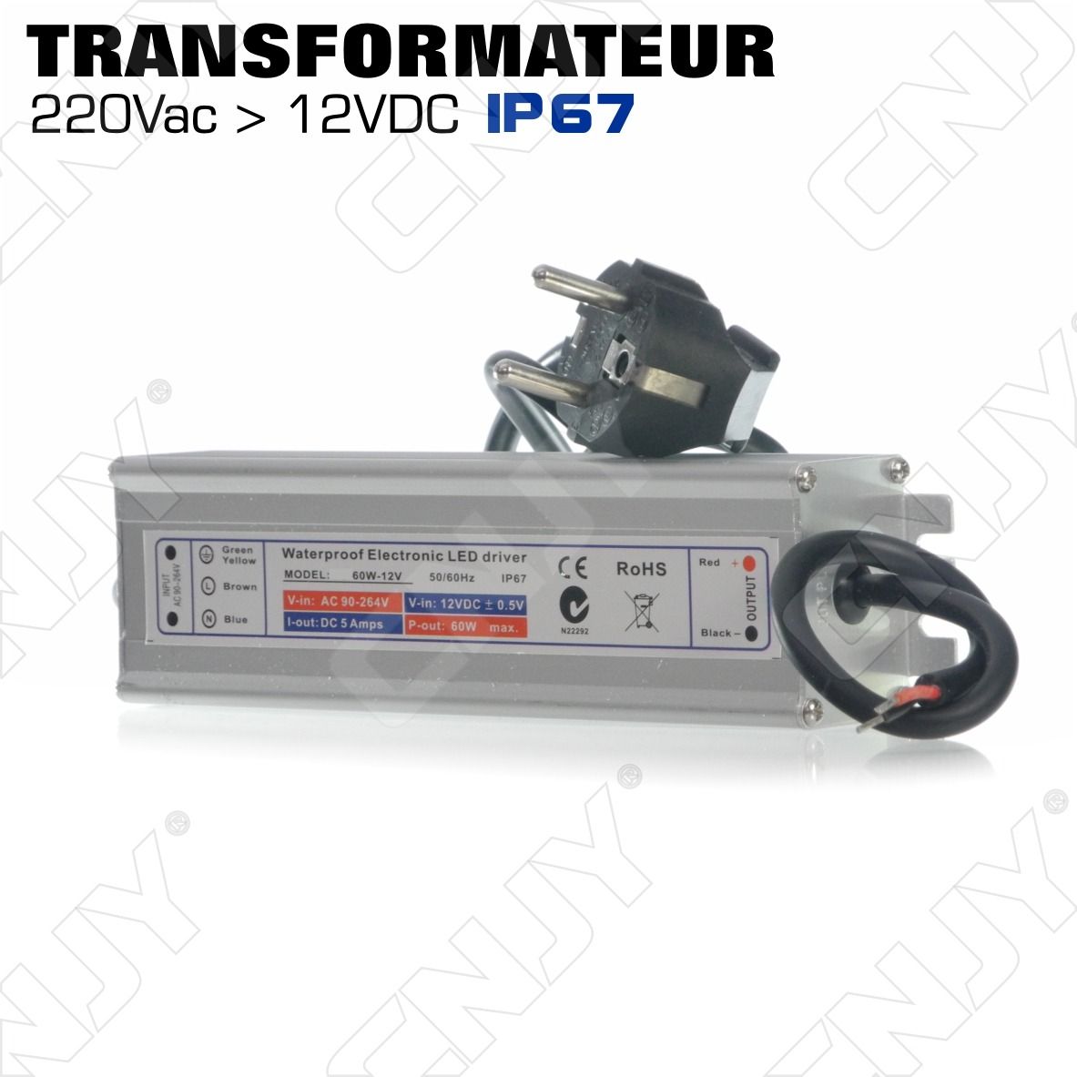 transformateur pour ruban LED - 12V 60W - IP67